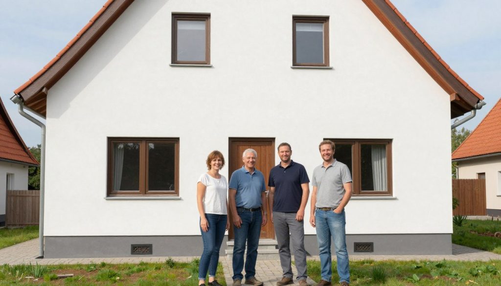 Zufriedene Hausbesitzer vor frisch verputztem Haus in Syke