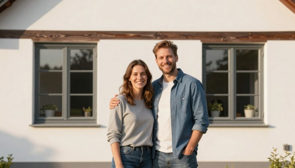 Zufriedene Hausbesitzer vor renoviertem Haus mit neuen Fenstern in Hude