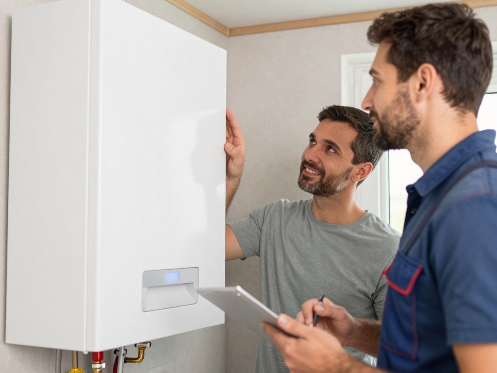 Zufriedener Hausbesitzer begutachtet fertiggestellte Heizungsanlage mit Installateur Zufriedener Hausbesitzer begutachtet fertiggestellte Heizungsanlage mit Installateur