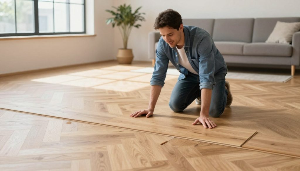 Zufriedener Hausbesitzer begutachtet frisch verlegten Parkettboden in renoviertem Wohnzimmer Zufriedener Hausbesitzer begutachtet frisch verlegten Parkettboden in renoviertem Wohnzimmer