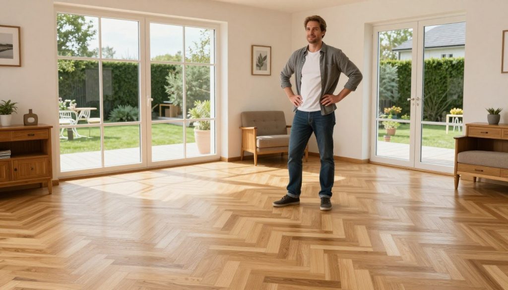 Zufriedener Hausbesitzer betrachtet frisch verlegten Parkettboden in Wohnzimmer Osterholz-Scharmbeck Zufriedener Hausbesitzer betrachtet frisch verlegten Parkettboden in Wohnzimmer Osterholz-Scharmbeck