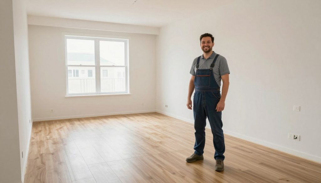 Zufriedener Hausbesitzer in frisch renoviertem Raum mit neuen Fliesen