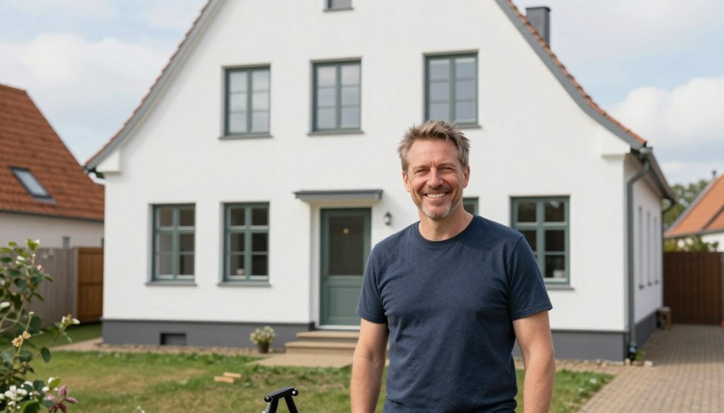 Zufriedener Hausbesitzer nach erfolgreicher Sanierung vor seinem renovierten Haus Zufriedener Hausbesitzer nach erfolgreicher Sanierung vor seinem renovierten Haus