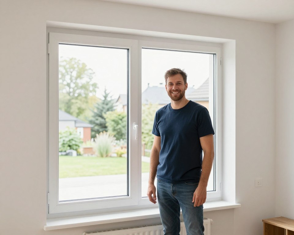 Zufriedener Hausbesitzer vor neuen Fenstern in Bremerhaven, moderne Fenster im Wohnhaus, erfolgreiches Fensterprojekt abgeschlossen