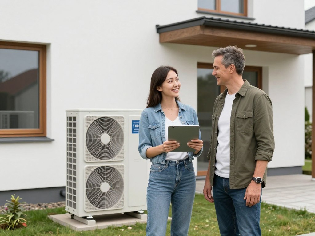 Zufriedener Hausbesitzer vor seinem Haus mit neuer Wärmepumpe