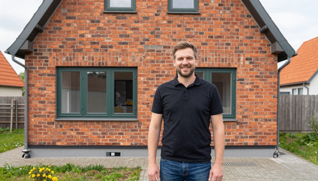 Zufriedener Hausbesitzer vor seinem fertig sanierten Haus in Bremervörde Zufriedener Hausbesitzer vor seinem fertig sanierten Haus in Bremervörde