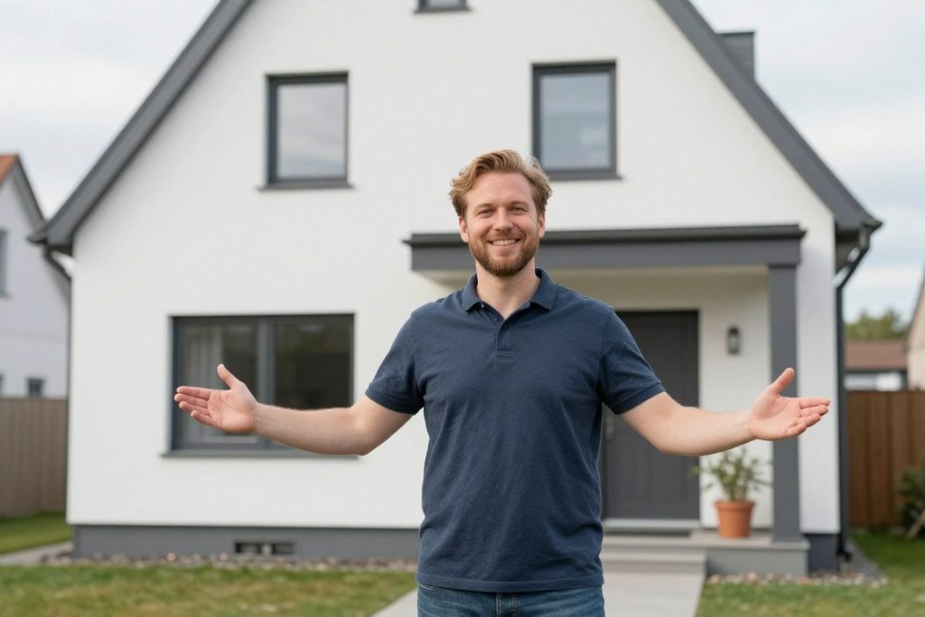 Zufriedener Kunde nach erfolgreicher Handwerker-Vermittlung in Bremerhaven vor saniertem Haus
