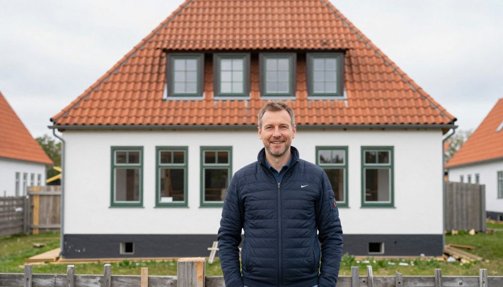 Zufriedener Kunde nach erfolgreicher Handwerker-Vermittlung in Bremervörde vor renoviertem Haus